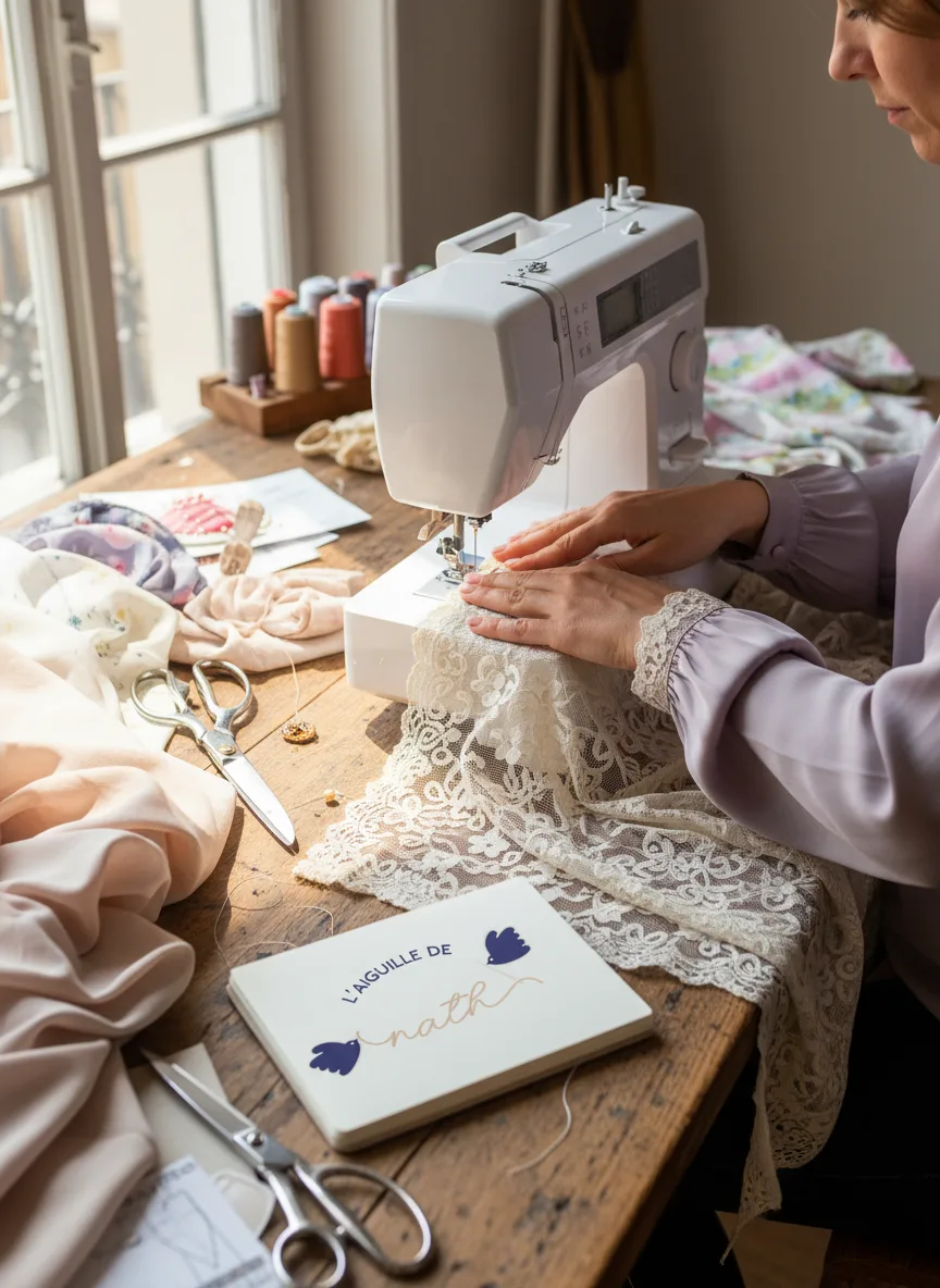 Nathalie, couturière artisanale, dans son atelier de couture à Hostun, Drôme