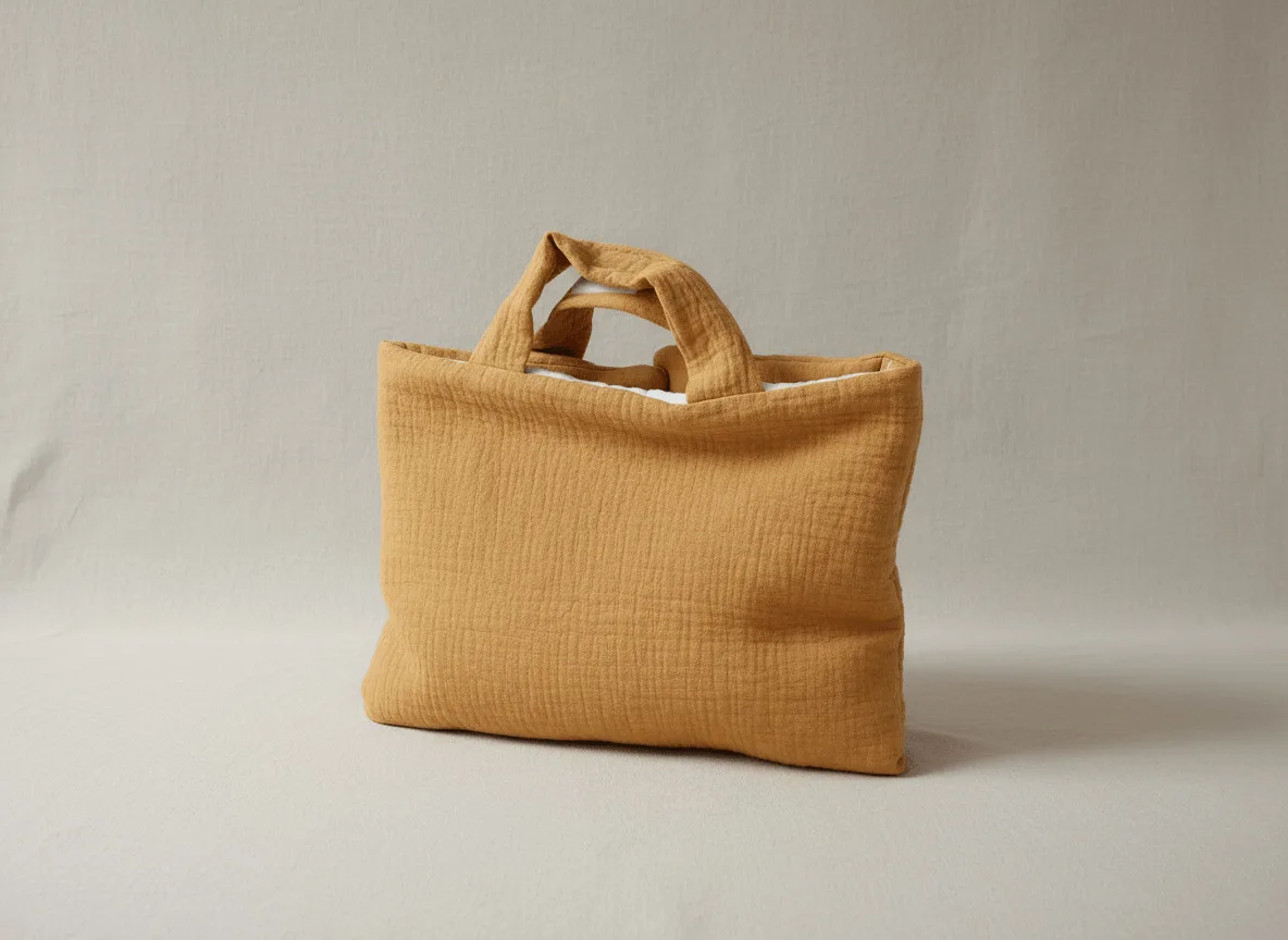sac-langer-tissu-creation-aiguille-de-nath Femme souriante portant un top à volants fleuri rouille et un short en jean taille haute cousu main, assise dans un appartement parisien lumineux
