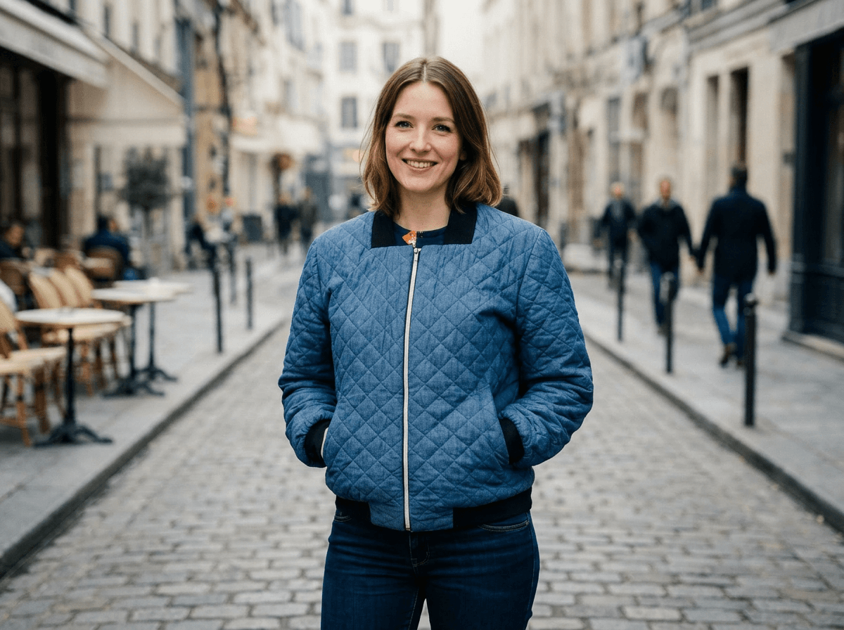Femme souriante portant un top à volants fleuri rouille et un short en jean taille haute cousu main, assise dans un appartement parisien lumineux
