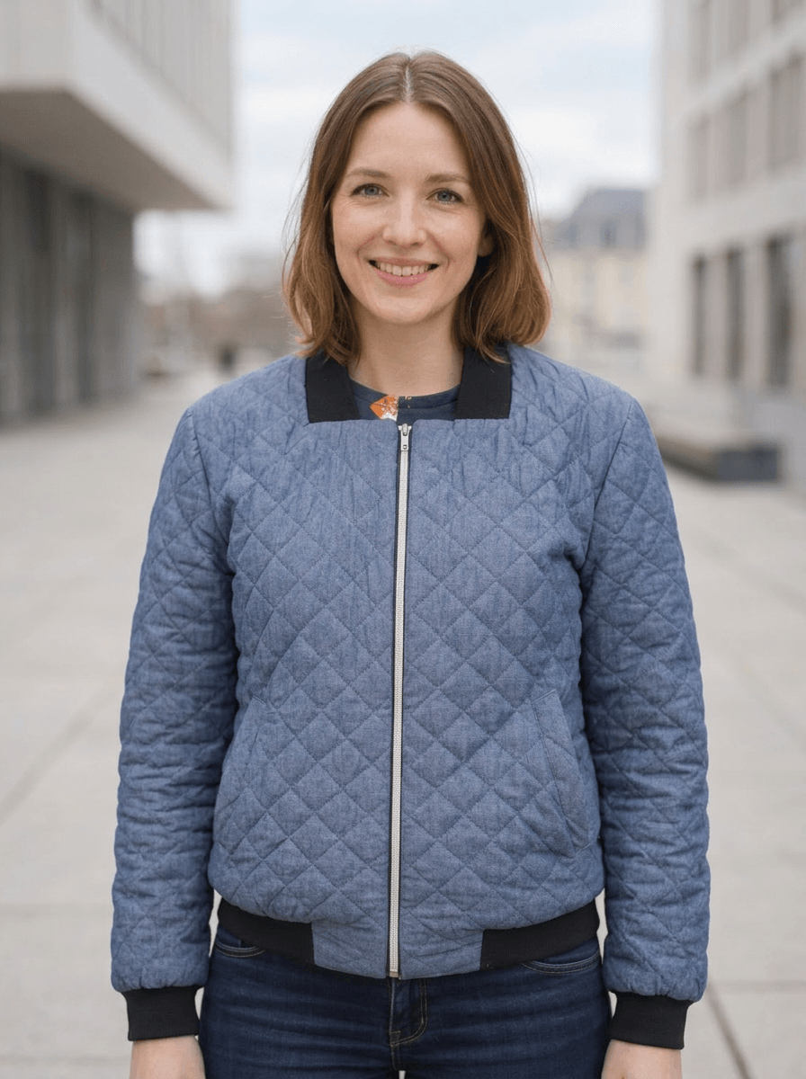 Femme portant un blouson bomber matelassé bleu denim, photographiée en pied dans un environnement urbain moderne, mains dans les poches, style décontracté chic