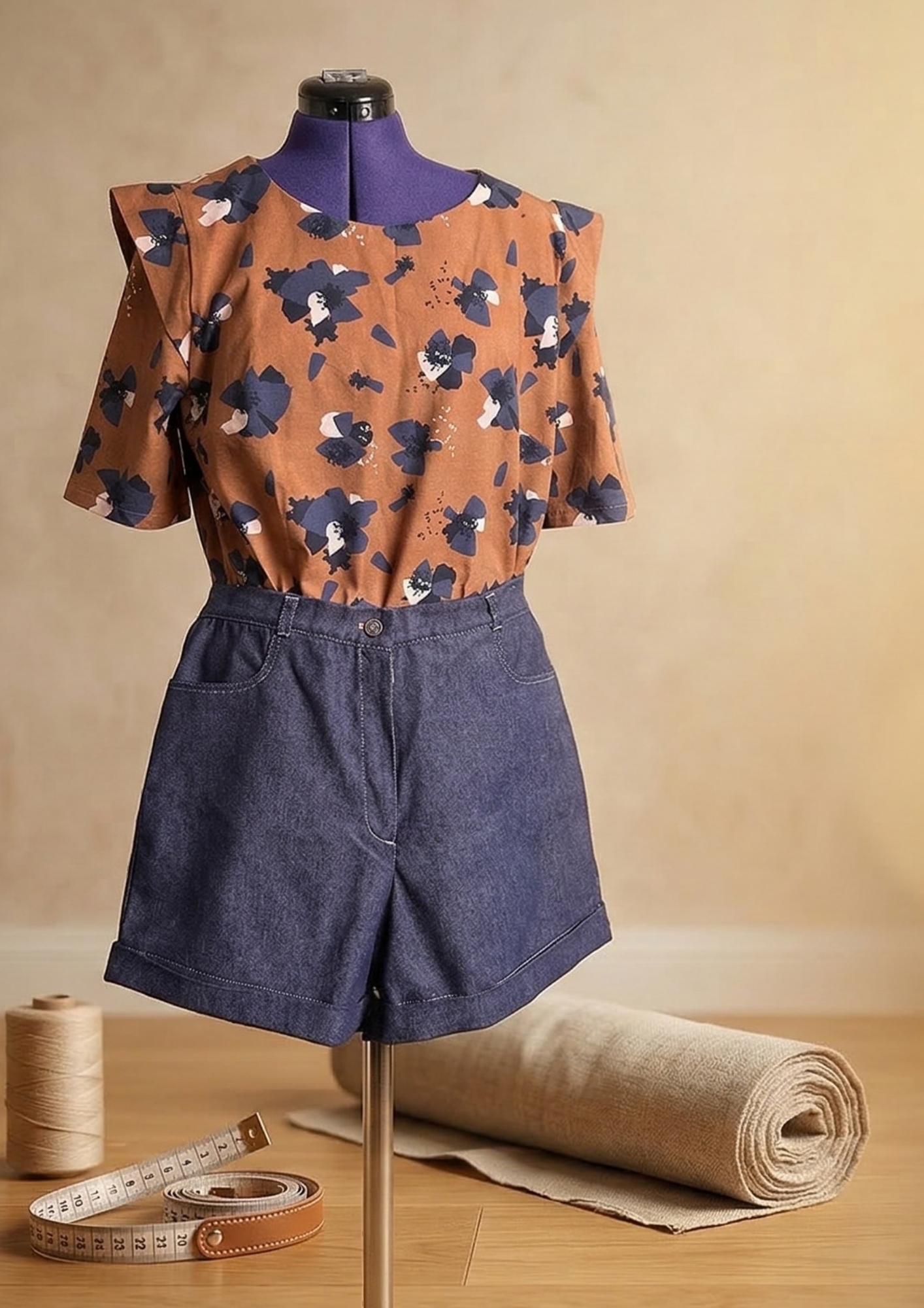creation faite sur mesure d'une tenue de vêtement composée d'un top et d'un short en jean