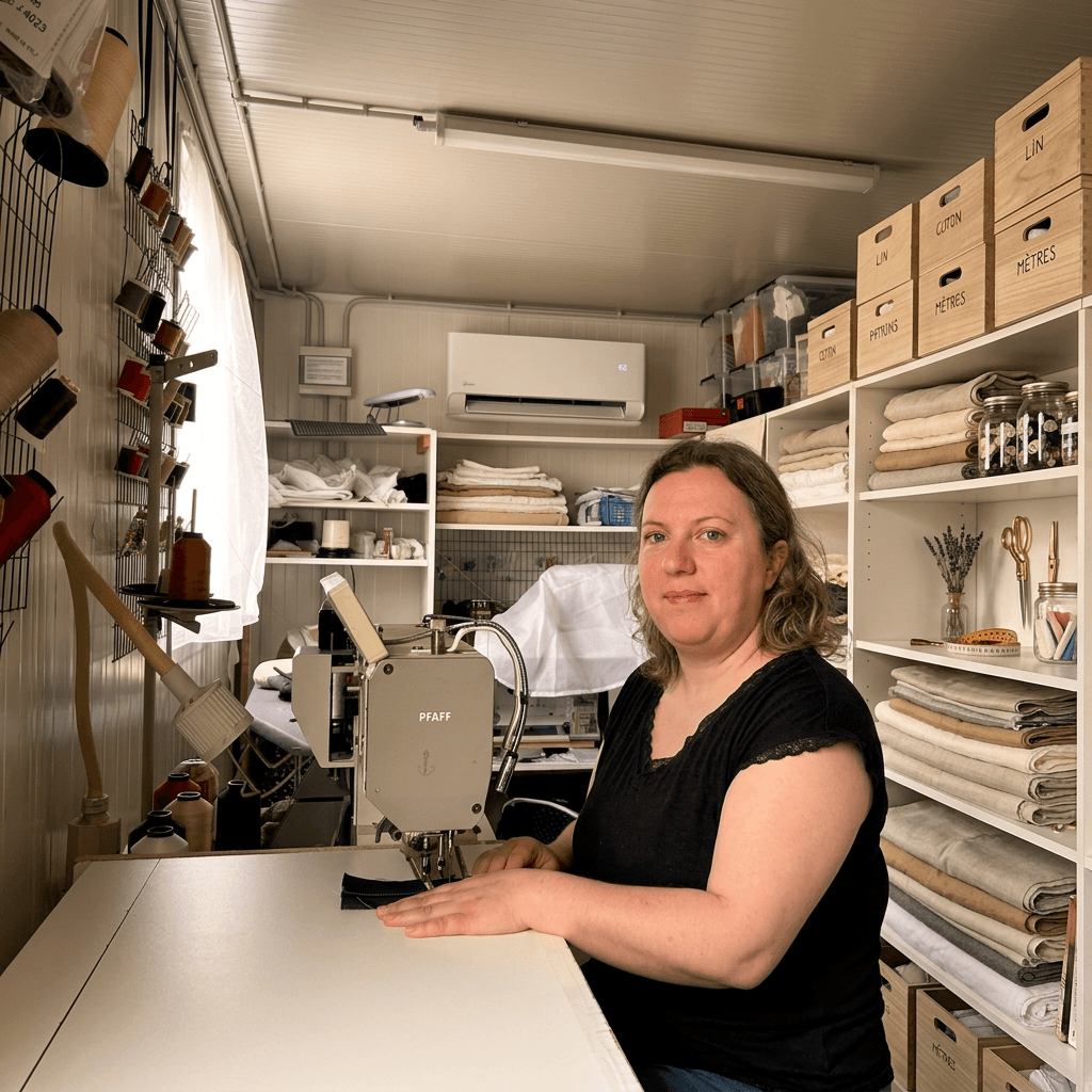 nathalie-alayot-couturiere-atelier-hostun-drome Couturière professionnelle dans son atelier de couture, assise devant sa machine à coudre PFAFF, entourée de bobines de fil, tissus en lin et coton, et rangements étiquetés - hostun
