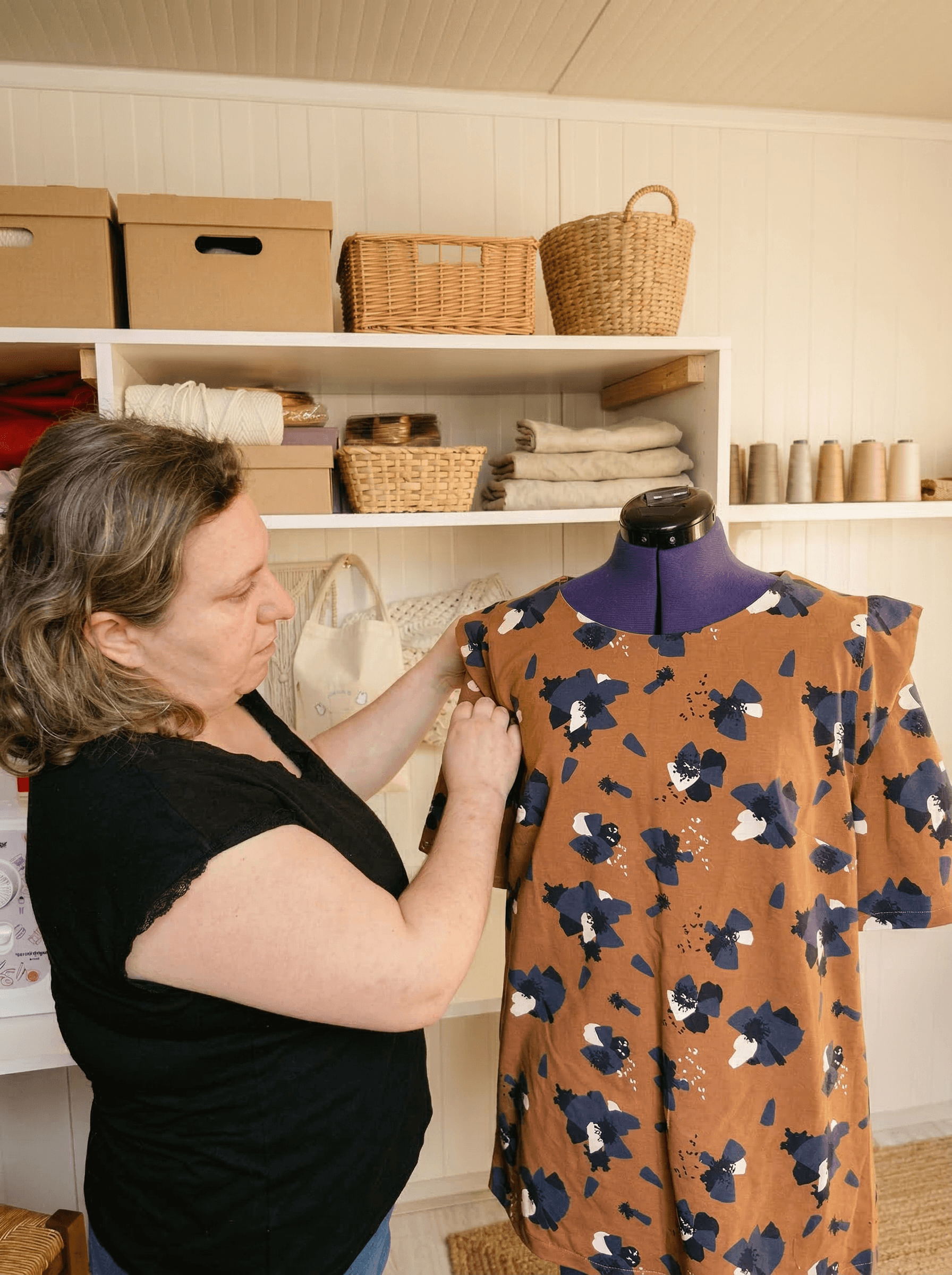 Nathalie, couturière artisanale, dans son atelier de couture à Hostun, Drôme