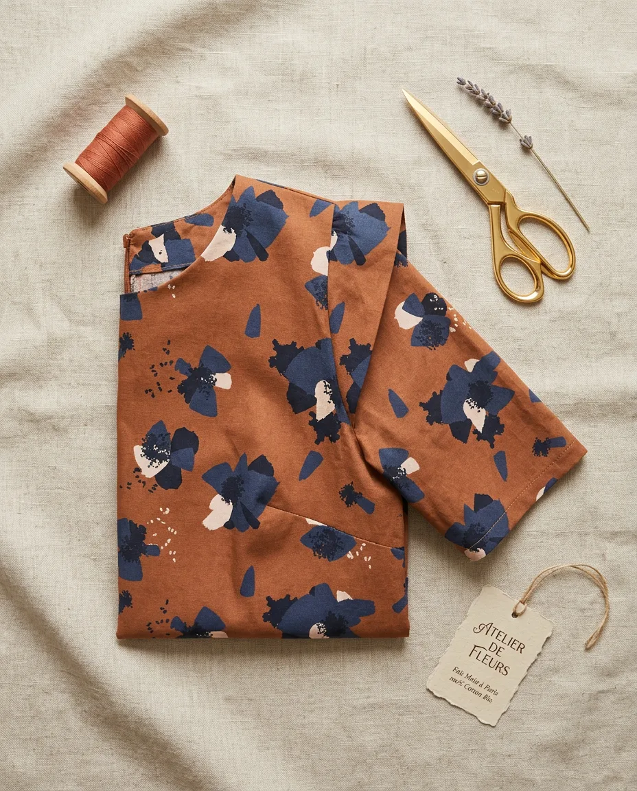 Top en coton fleuri rouille plié, présenté en flat-lay avec une bobine de fil, des ciseaux dorés et une étiquette fait main – création couture sur mesure
