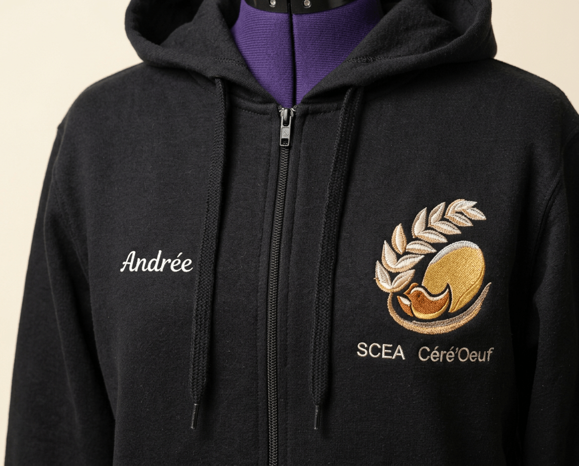 Veste de travail personnalisée avec le prénom Andrée et le logo d’un élevage de poules